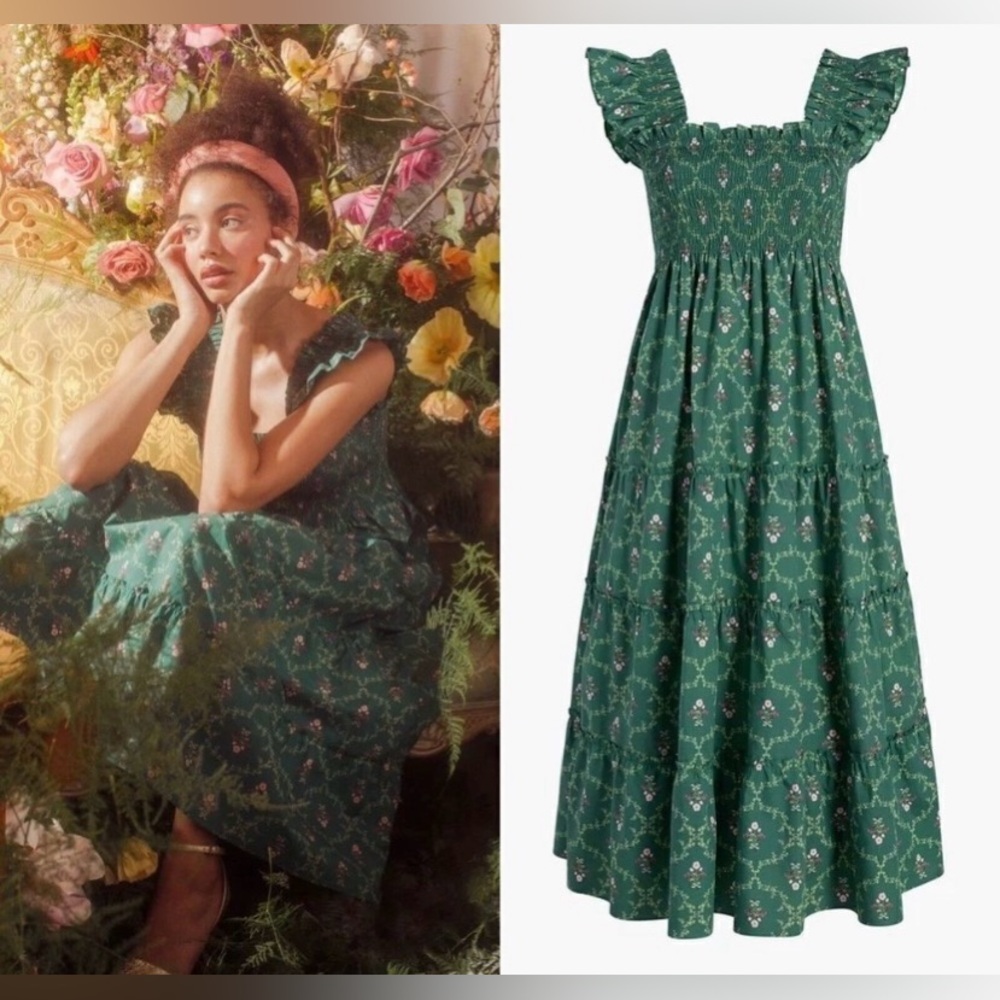 Hill House Emerald trellis green smocked Ellie nap dress Size XL midi length